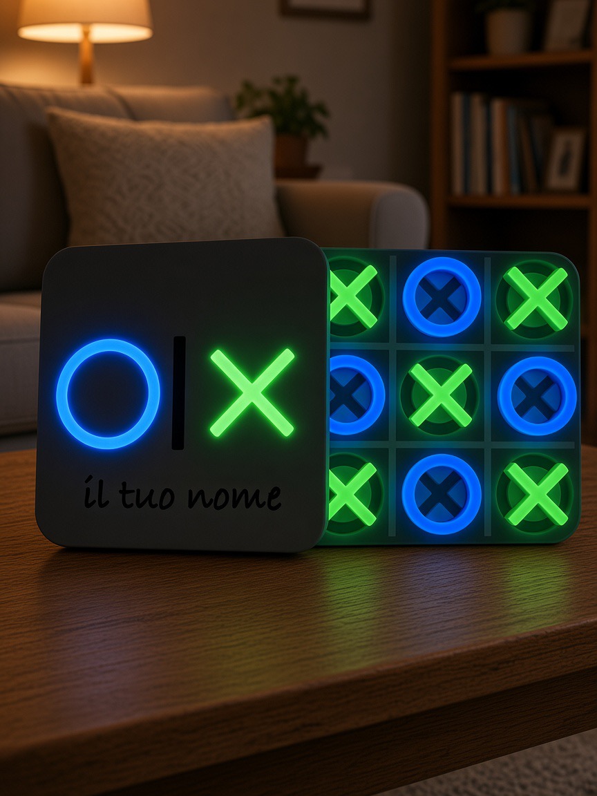 黑暗中发光的 OXBOX,配有绿色X和蓝色O棋子
